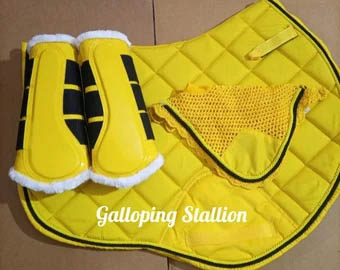Luxury Yellow Beautiful Matchy Saddle Pad Numnah, Fly Veil and Brushing Boots